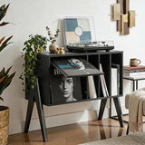 Record Player Stand with Vinyl Storage, 32" Turntable Stand with Flip-Up Album Display, Mid Century Modern Black Vinyl Record Storage Cabinet, Audio Media Console Table with V-Shape Legs FurnPulse