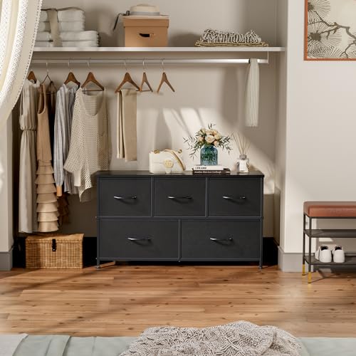 DUMOS Dresser for Bedroom, 5 Storage Drawers, Wide Fabric Closet Chests Organizer Tower Furniture with Wooden Top Metal Frame for Clothes, Guest Room, Living Room, Hallway, Entryway DUMOS