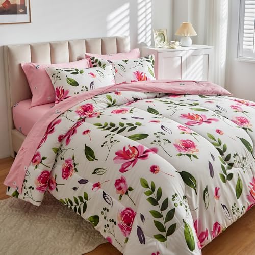 Shxime Floral Comforter Set 7 Pieces White with Green Leaves Pink Flowers Bed in a Bag King Size Reversible Bedding Set (1 Comforter 2 Pillow Shams 1 Flat Sheet 1 Fitted Sheet 2 Pillowcases) Shxime