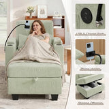 Small Chaise Lounge Chair Indoor with Ottoman&Adjustable Backrest,Chenille Tufted Recliner Comfy Sofa Chair with USB,Phone Holder&Storage Arms,Convertible Sleeper Couch Bed for Living Room(37"W,Cyan)