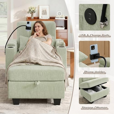 Small Chaise Lounge Chair Indoor with Ottoman&Adjustable Backrest,Chenille Tufted Recliner Comfy Sofa Chair with USB,Phone Holder&Storage Arms,Convertible Sleeper Couch Bed for Living Room(37"W,Cyan) Duigonp