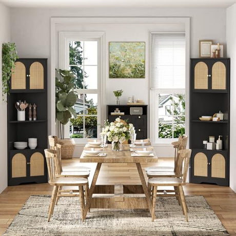 FiveWillowise 67''H Tall Corner Cabinet with Handmade Rattan Door, Rattan Storage Cabinet with Adjustable Shelves, Corner Bookshelf Space Saver for Barthroom, Kitchen, Living Room, Black FiveWillowise