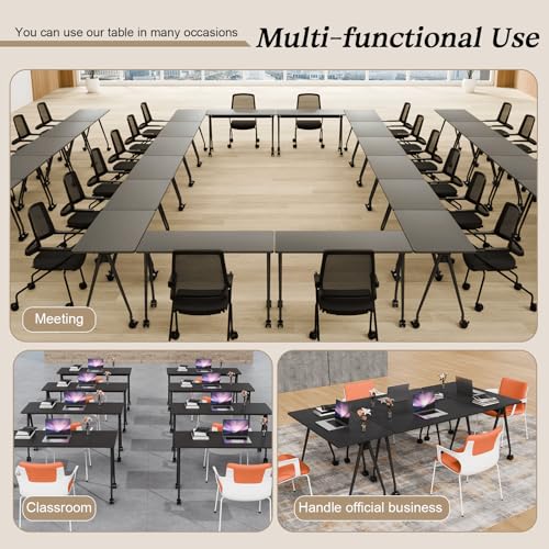 Folding Conference Room Table, Black Modern Conference Tables for Office, Mobile Rolling Training Table with Silent Wheels, Modular Foldable Seminar Tables Desks for Classroom (8Pack L63in) Generic