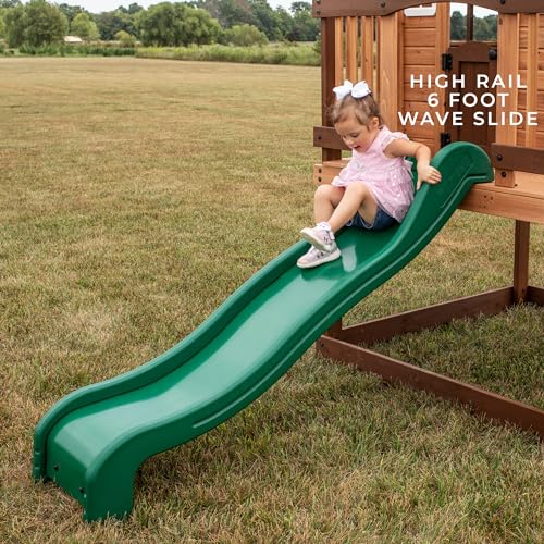 Backyard Discovery Echo Heights Elevated Cedar Playhouse, Play Kitchen, Powered Blender, Working Bell, 6 ft Wave Slide, Wrap-Around Deck, Flat Step Ladder, Growth Chart Backyard Discovery