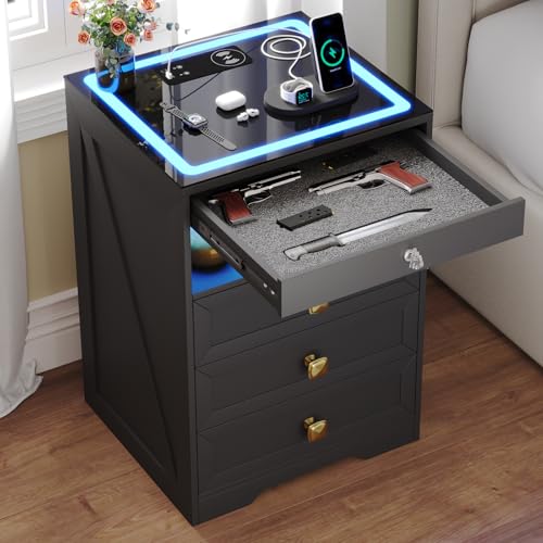 MDGC Smart Nightstand with Lockable Gun Drawer,Farmhouse Bedside Table with Charging Station and 3 LED Lights, Modern Night Stand with 3 Drawers,Glass Top End Side Table for Bedroom（Black） MDGC