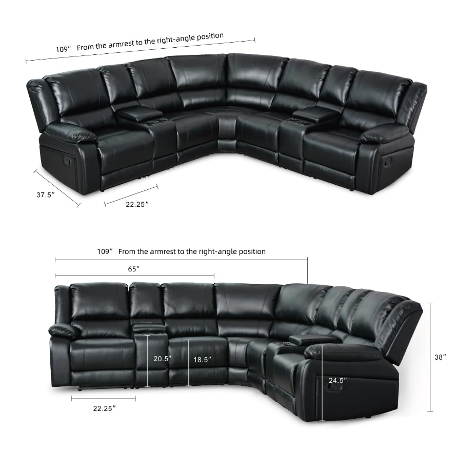 UR livingroom Modular Sectional Sofa L-Shaped PU Leather Sofa Sets Manual Reclining Sectional Couches for Living Room Sofas para Sala, Black UR livingroom