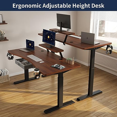 HEONAM Dual Motor Standing Desk with Drawer, 63x30 Inches Electric Height Adjustable Sit Stand Up Desk with Storage Shelf, Home Office Desk Computer Workstation with Walnut Top/Black Frame HEONAM