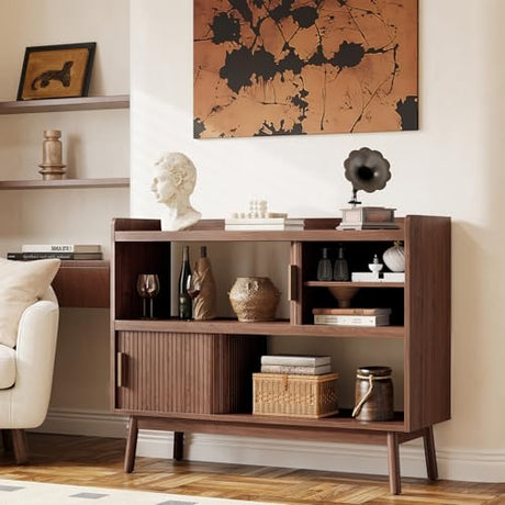 ONBRILL 44" Sideboard Buffet Cabinet with Outlet & 2 Open Storage Spaces, Fluted Sideboard Cabinet with Sliding Door & Adjustable Shelves, Mid-Century Accent Coffee Bar Console Table with Wooden Feet ONBRILL