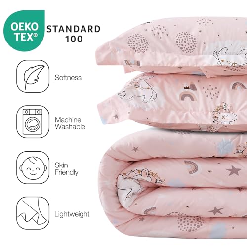 JSD Pink Unicorn Kids Comforter Set Twin Size, 2 Piece Girls Rainbow Microfiber Comforter with Pillow Sham, Lightweight All Season Washable JSD