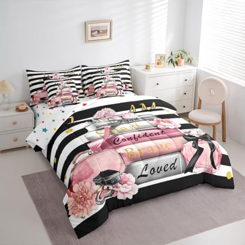 Erosebridal Pink Fashion Comforter Set with Sheets Full for Girls Girly Modern Inspirational Quotes Women Abstract Black White Stripes Bed in a Bag Books Floral Perfume Makeup 7 Piece Bedding Set Erosebridal