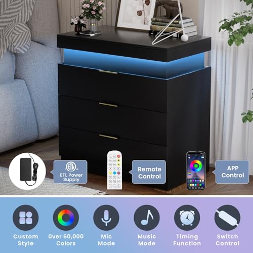 Night Stand with Charger Station and LED Lights,3 Drawers Nightstands with Sliding Top,Modern Bedside Table with Storage,Wooden End Table for Multiple Scenarios (Black) VERYKE