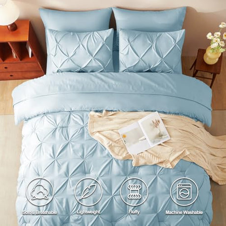 CozyLux Queen Comforter Set Light Blue, 7 Pieces Pintuck Bed in A Bag, Premium Blue Comforter Queen Size, Pinch Pleat Bedding Sets with Comforter, Sheets, Pillowcases & Shams CozyLux