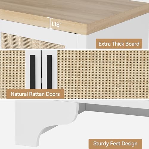 GarveeHome 4-Door Sideboard Buffet Cabinet, Natural Rattan Storage Cabinet, Boho Entryway Console Table, Coffee Bar Station for Dinning Room, Living Room, Kitchen, White GarveeHome