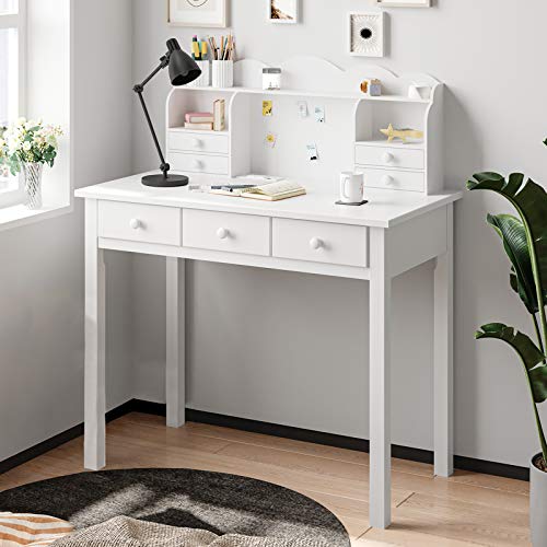 ADORNEVE Writing Desk with USB Port, Home Office Desk with Drawers and Hutch, 36.2" Study Table Computer Desk for Student/Adults, Computer Work Station with Storage Shelf, 7 Drawers, White ADORNEVE