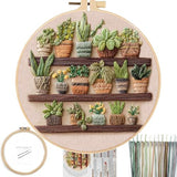 FONNUY Green Plant Embroidery Kit, Petite Potted Plants Patterns, Cross Stitch Kits for Adults and Beginners, Handmade Crafts with Printed Pattern Set, Thread Needlework, 8'' Hoop (Greeen A03)