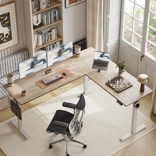 TIQLAB 75 x 61 inch L Shaped Standing Desk Adjustable Height, Electric Corner Standing Desk, Sit Stand Computer Table with Splice Board, Maple TIQLAB
