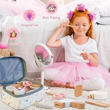Amtreen Kids Makeup Kit for Girl, Pretend Play for Toddlers 3-5 Wooden Makeup Toy Set, 18 PCS Hair Salon Toys Gifts for 3 4 5 Year Old Amtreen