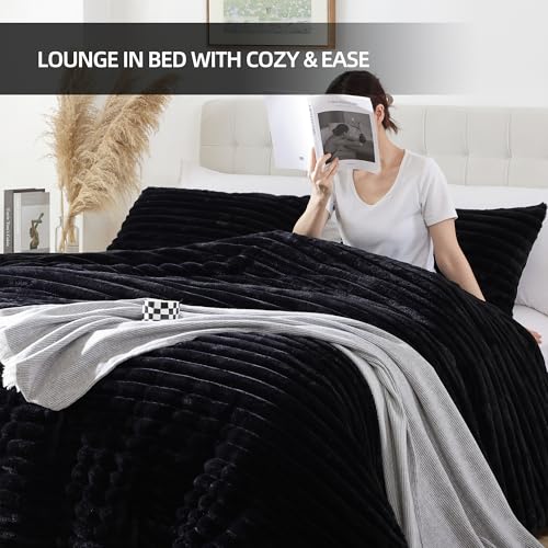 Smoofy Fluffy King Size Comforter Set 3 Pieces - Black Fleece Fluffy Comforter Set, Luxury Fuzzy King Bedding Set, Soft King Bed Set All Season, Heavy Faux Fur Comforter with 2 Pillow Cases Smoofy