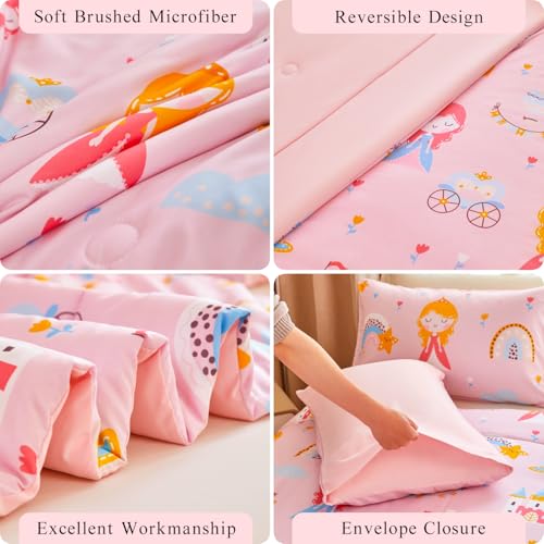 WINLIFE Pink Princess Comforter Set Queen Size for Girls 3 Pieces Soft Microfiber Cute Floral Fairytale Castle Pink and Blue Bedding Sets WINLIFE
