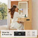 HAUOMS Corner Vanity, with Bag Showcase, LED Lights, Fluted Wood Luxury Makeup Vanity Desk with Mirror, Big Dressing Table with Glass Top, Cabinets, Shelves, Drawers, Charging Station (Oak) HAUOMS