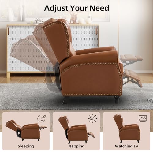 CANMOV Genuine Leather Recliner Chair, Push Back Recliner with Rivet Decoration and Tufted Back, Mid Century Wingback Accent Chair for Living Room, Bedroom, Office, Brown