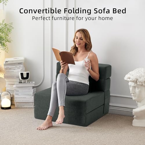 FILUXE Folding Sofa Bed | Convertible Sleeper Chair Bed for Adults, Fold Out Chair to Bed Linen Futon Chair with Pillow, for Home Dorm Apartment RV Living Room, Single Size Dark Gray FILUXE