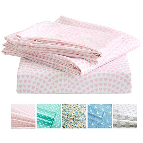Vonty Kids Bed Sheets Twin Pink Heart Printed Sheets for Girls, Soft Lightweight Microfiber Easy Wash Bedding Set (1 Fitted Sheet + 1 Flat Sheet + 1 Pillowcase) Vonty