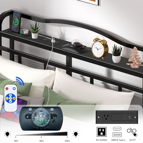 Queen Bed Frame 14 Inch Metal Bed Frame Queen Size with Headboard & Star Projector Lights & White Noise & Charging Station,Modern Design with Large Storage Space,No Box Spring Needed (14 Inch, Queen) RmagineX