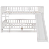 Bellemave Full Over Full Low Bunk Bed with Slide and Fence Railings Wood Floor Bunk Beds with Ladder for Toddler Kids Boys Girls Teens, White Bellemave