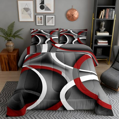 Gray Black Red Swirls Bedding Comforters Retro Circle Stripes Comforter Set for Boys Kids Modern Abstract Bedding Duvet Color Art Home Decoration for All Season,1 Comforter Set + 2 Pillowcases,Full Castle Fairy