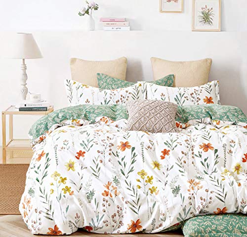 SLEEPBELLA Duvet Cover Set 600 Thread Count Cotton Bedding Set (Full, White&Green Floral) SLEEPBELLA