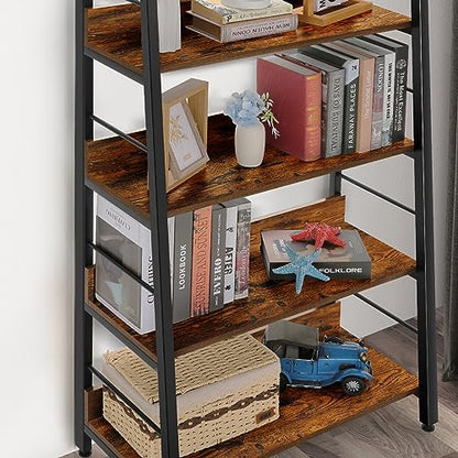 BATHWA 5-Tier Industrial Rustic Ladder Bookshelf - Open Wood and Metal Accent Bookcase - WoodArtSupply