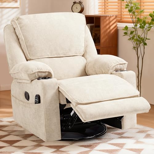 Culect 360° Swivel Rocker Recliner Multi-Functional Nursing Chair with Heating and Massage, Manual Recliner Chair with Cup Holders, Lazyboy Recliner Chair for Living Room and Bedroom, Beige Chenille