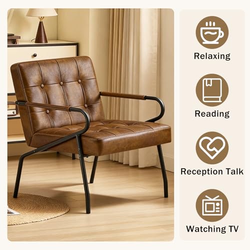 Modern Leather Accent Chair, Mid-Century Reading Chairs for Adults Comfy Lounge Armchair with Thick Cushion Metal Frame, 300lbs Capacity, Living Room/Waiting Room/Bedroom/Office, Brown Furnicomfy