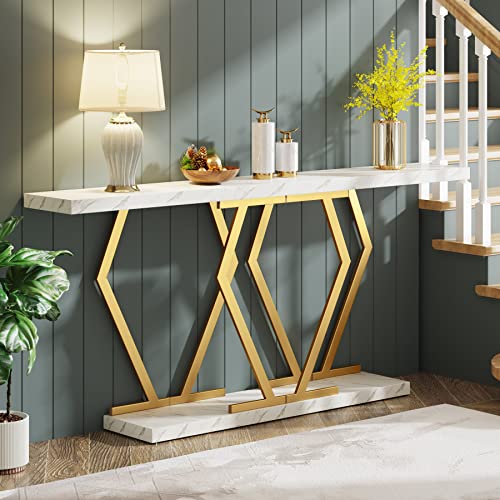 Tribesigns 70.9 Inch Extra Long Sofa Table， White and Gold Console Table with Faux Marble Tabletop, Modern Long Entryway Table with Gold Frame - WoodArtSupply