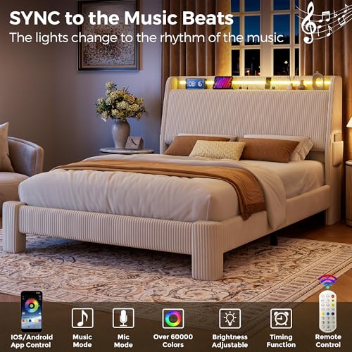 Jocoevol Upholstered Full LED Bed Frame with Hidden Storage Headboard and Charging Station, Corduroy Platform Bed with Wingback, Heavy Duty Wood Slats, No Box Spring Needed, Noise-Free, Beige Jocoevol