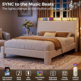 Jocoevol Upholstered Full LED Bed Frame with Hidden Storage Headboard and Charging Station, Corduroy Platform Bed with Wingback, Heavy Duty Wood Slats, No Box Spring Needed, Noise-Free, Beige Jocoevol