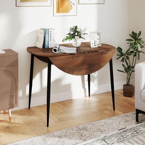 Giantex 5-Piece Dining Table Set for 4, 43.5" Round Kitchen Table and 4 Upholstered Dining Chairs with Drop Leaf Tabletop, Sturdy Metal Frame, Space Saving Farmhouse Dinette Set for Dinette Dinner Giantex
