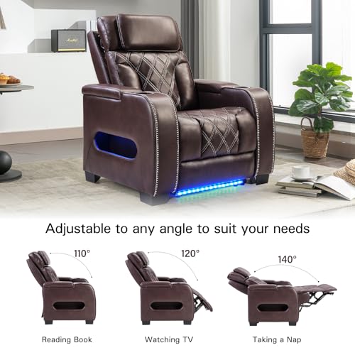 CANMOV Electric Power Recliner Chair, PU Leather Home Theater Seating with Power Headrest, Electric Recliner Sofa Chair with Ambient Lighting,Cup Holders,USB & Type C Ports, Armrest Storage,Brown