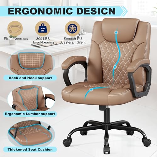 Misolant Office Chair, Executive Desk Chair, PU Leather Comfortable Ergonomic Chairs with Fixed Armrest, Adjustable Height, Rocking Function, 360° Swivel Wheels, Brown Misolant