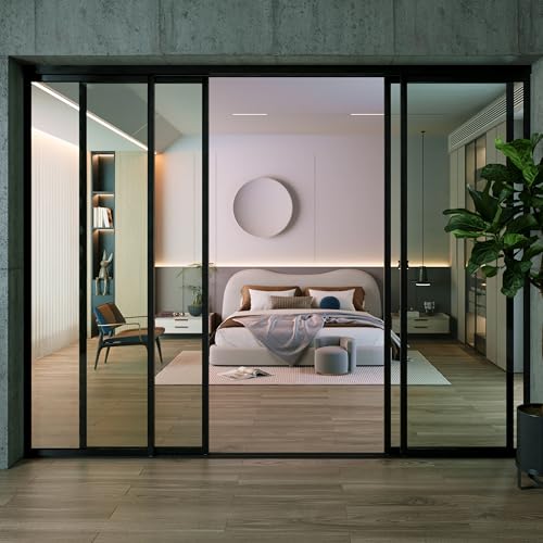 Doors55 4 Panel Glass Room Divider and Sliding Glass Closet Doors - Smoked Frosted Partition Wall - Clear, Smoked and Frosted Glass Sliding Doors Options (Clear Glass, 96x96) Doors55