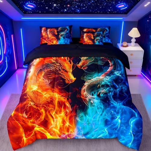 Feelyou Dragon Bedding Set 7 Piece Fire and Ice Dragon Couple King Comforter Set with Sheets for Kids Boys Girls Decor Wild Animal Bed in a Bag Safari Theme Bed Set Feelyou