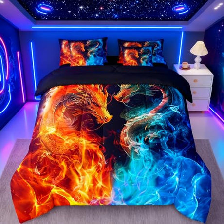 Feelyou Dragon Bedding Set 7 Piece Fire and Ice Dragon Couple King Comforter Set with Sheets for Kids Boys Girls Decor Wild Animal Bed in a Bag Safari Theme Bed Set Feelyou