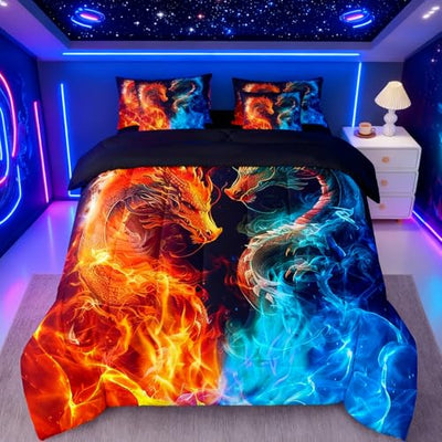 Feelyou Dragon Bedding Set 7 Piece Fire and Ice Dragon Couple King Comforter Set with Sheets for Kids Boys Girls Decor Wild Animal Bed in a Bag Safari Theme Bed Set