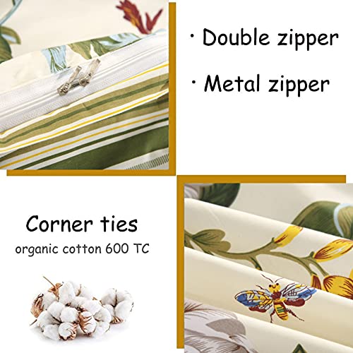 FADFAY Floral Duvet Cover Set 100% Cotton Green Striped and Beige Bedding White Flower Branches Print 600 TC Soft Reversible Zipper Bed Cover & 2 Pillowcases,King/Cal King(106x92) FADFAY
