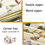 FADFAY Floral Duvet Cover Set 100% Cotton Green and Beige Striped Shabby Flower Bedding Branches Summer Bedding Reversible 600 TC Soft Zipper Comforter Cover & 2 Pillowcases，Full FADFAY