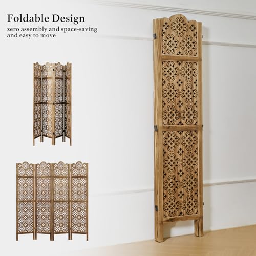68.9Inch Folding Room Divider, 4 Panels Wood Carved Privacy Screens - Ideal Decorative Partition for Home, Office, Restaurant, Bedroom (Dark Brown) Svimi