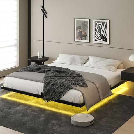 HOMBCK Floating Bed Frame King with LED Lights, Industrial Style Metal Bed Frame, No Box Spring Needed, Easy to Assemble, Noise Free HOMBCK
