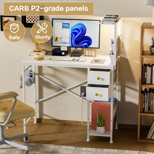 Jakyitvi 33.7" Computer Desk with Power Outlets, LED Lights & 2 Drawers, Small Office Desk with Storage Bag & Hooks, Gaming Desk for Bedrooms or Home Office, Compact Study Desk for Small Spaces，White Jakyitvi