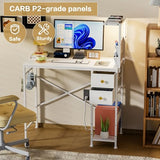 Jakyitvi 33.7" Computer Desk with Power Outlets, LED Lights & 2 Drawers, Small Office Desk with Storage Bag & Hooks, Gaming Desk for Bedrooms or Home Office, Compact Study Desk for Small Spaces，White Jakyitvi